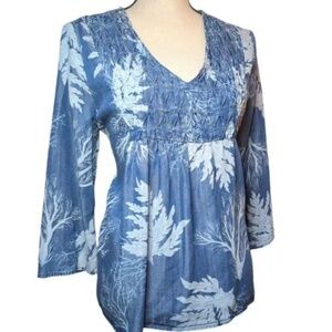 Tribal Jeans Womens Top 3/4 Sleeves Chambray Denim Ruched Front Sz TP/XS